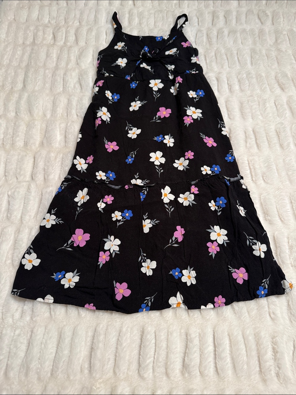 Girl’s SO Black Floral Sundress with Pink, White & Blue Blooms